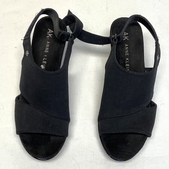 Anne Klein Faux Suede Patent Low Wedge Open Toe Sling Back Romeo Sandals Black - Picture 5 of 13